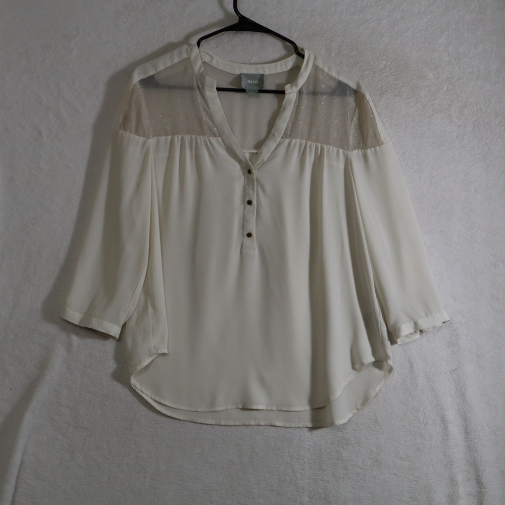 Maeve Anthropologie Womens 10 Ivory Sheer Shimmer Yoke Henley Blouse 3/4 Sleeve